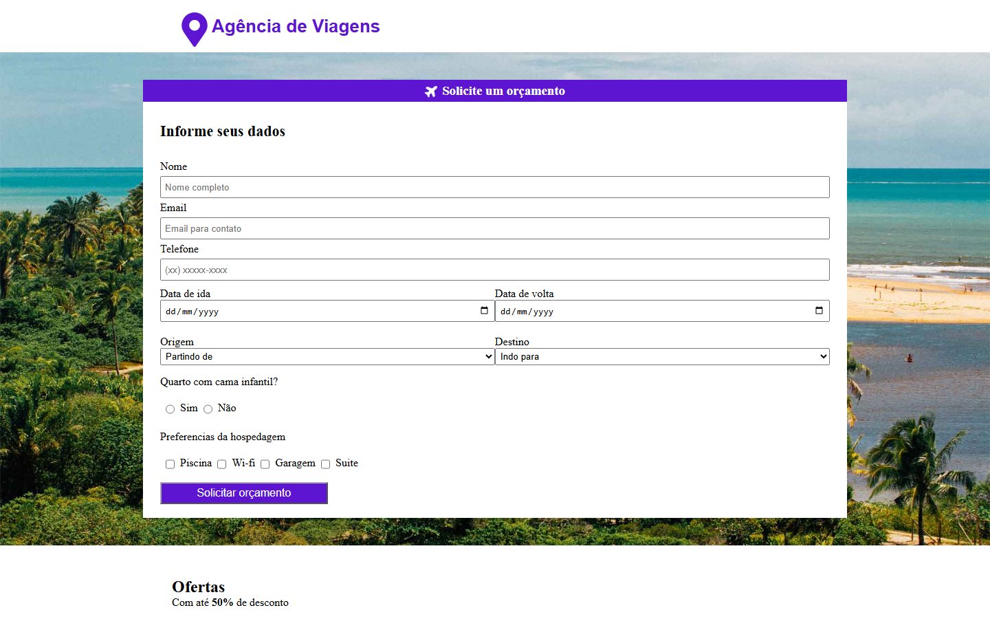 Página inicial do site da Agência de Viagens