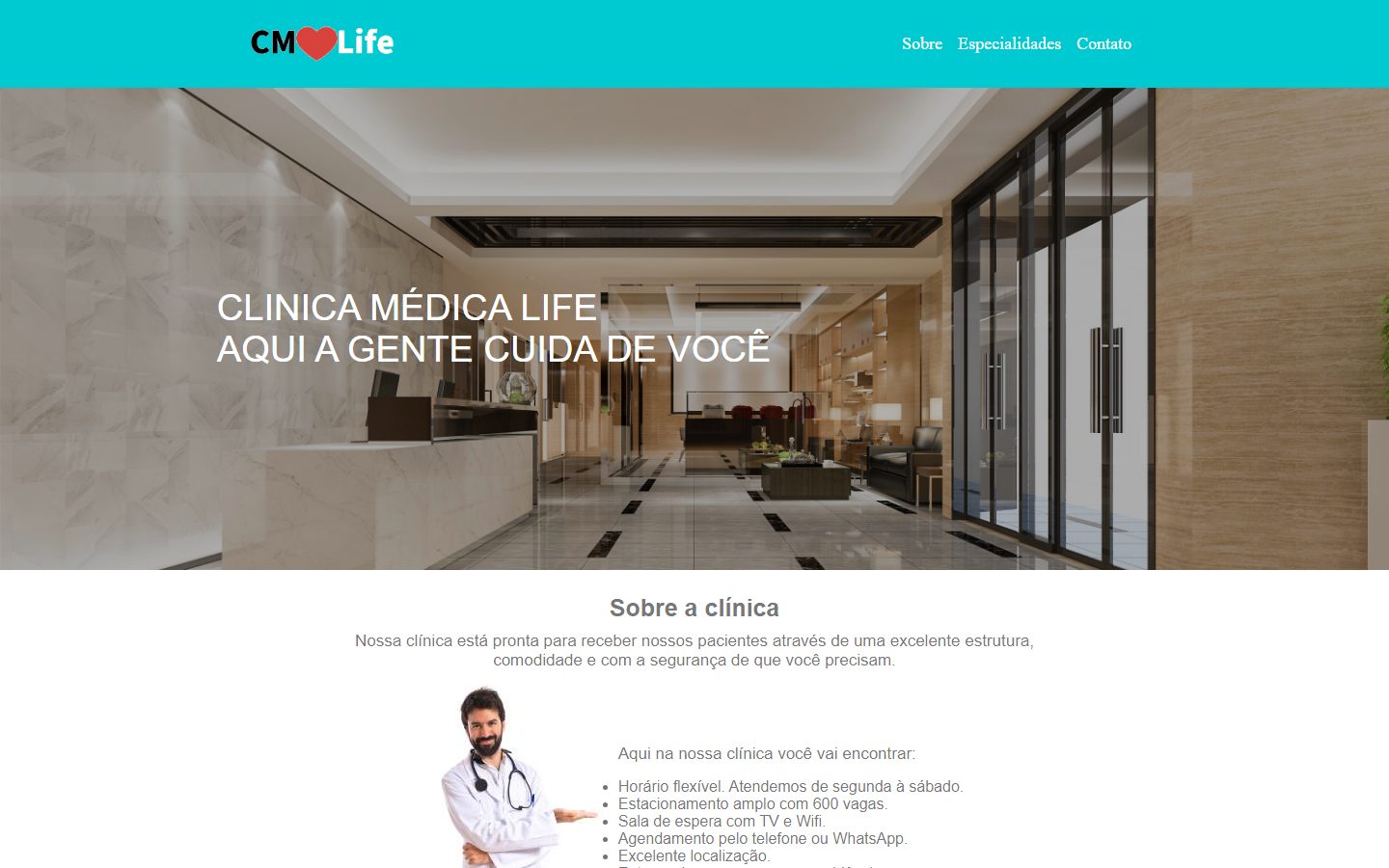 Página inicial do site da clínica CM-Life