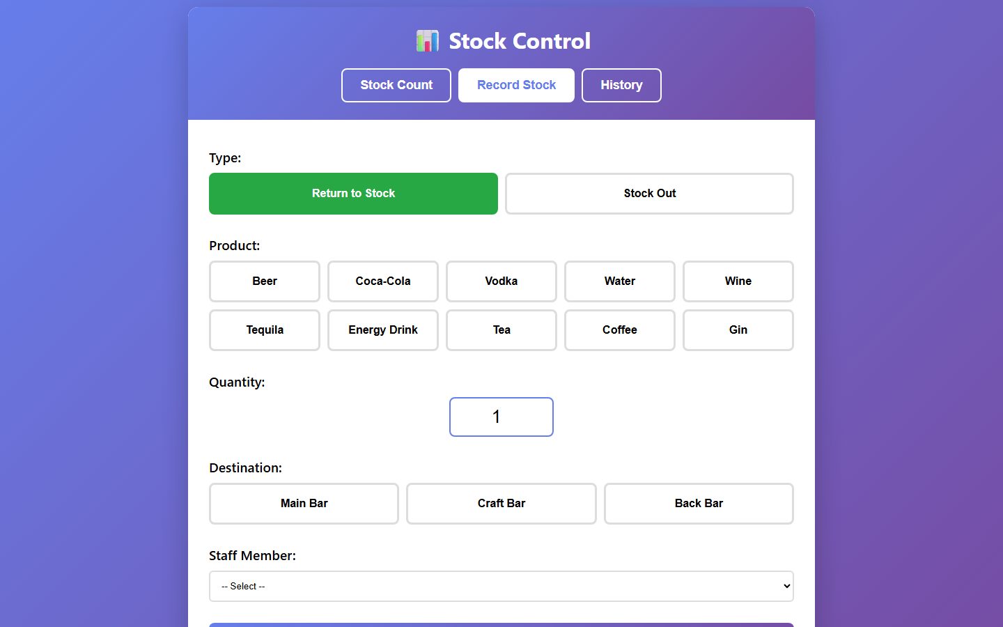 Tela do sistema Stock Bar com formulário de registro de movimentações